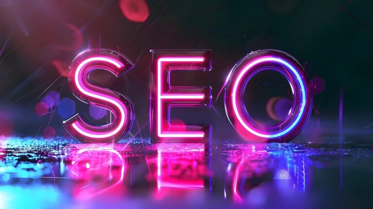 Neon SEO letters glowing in pink and blue lights, symbolizing the power and visibility of search engine optimization